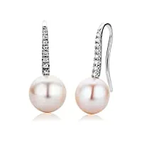 miore bijoux pour femmes boucles d'oreilles pendantes avec diamants 0.12 ct en perles d'eau douce blanches 9.5 mm boucles d'oreilles en or blanc 18 carats / 750 or