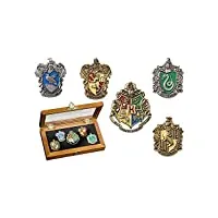 hogwarts house pins by the noble collection - set of 5 metal, hand-enamelled house pin badges supplied in a high-quality wooden display case - officially licensed harry potter movie collectable
