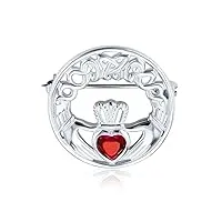 broche claddagh en forme de cercle celtique traditionnel pour femmes forme de coeur rouge zirconia cubique .925 argent sterling