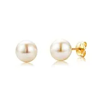 miore bijoux pour femmes clous d'oreilles avec perles d'eau douce blanches 7 mm boucles d'oreilles en or jaune 18 carats / 750 or