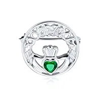 Épingle de broche claddagh traditionnelle celtique irlandaise cercle rond pour femmes zircone en forme de coeur verte .925 argent sterling