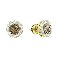 0,76 carats (ct) or jaune 14 k diamant rond marron et blanc pour femme fleur cluster boucles d'oreilles