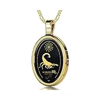 bijoux nano pendentif signe du zodiaque en or jaune 14ct - collier scorpion avec inscription en or 24ct sur une pierre onyx, chaine en or laminé de 45cm
