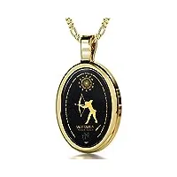 bijoux nano pendentif signe du zodiaque en or jaune 14ct - collier sagittaire avec inscription en or 24ct sur une pierre onyx, chaine en or laminé de 45cm