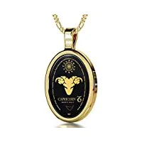 pendentif signe du zodiaque en or jaune 14ct - collier capricorne avec inscription en or 24ct sur une pierre onyx, chaine en or laminé de 45cm