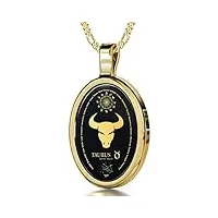bijoux nano pendentif signe du zodiaque plaqué or - collier taureau avec inscription en or 24ct sur une pierre onyx, chaine en or laminé de 45cm