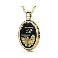 bijoux religieux plaqué or - pendentif chrétien avec jerusalem of gold et psaume 122:6 inscrits à l'or 24cts sur un onyx noir, chaine 45cm