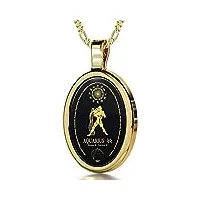 bijoux nano pendentif signe du zodiaque plaqué or - collier verseau avec inscription en or 24ct sur une pierre onyx, chaine en or laminé de 45cm