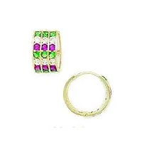 or jaune 14 carats avec zircone cubique vert et rouge-triple rangée-créoles-boucles d'oreilles homme-anneaux à charnière-dimensions : 12 x 13 mm-jewelryweb