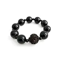 agathe création - bracelet - perles d'onyx noire - perle centrale en bois d'ébène sculpté dragon - fait main - de02