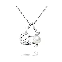 collier argent femme avec pendentif chat mignon de perle blanche qualité de perle de culture aaa vente seule design origine idée cadeau femme ou cadeau d'anniversaire par viki lynn