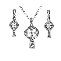 parure collier et boucles d'oreilles en argent sterling avec croix celtique et boîte cadeau