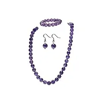 treasurebay 8 mm rondes améthyste pierre précieuse collier de perles, bracelet et boucles d'oreilles bijoux set – présenté dans une jolie boîte cadeau
