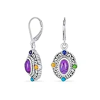 boucles d'oreilles À effet de levier pour femmes en argent sterling oxydé, constituées de pierres précieuses multicolores violettes et turquoises.