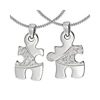 clever schmuck-set – parure d'amitié pendentif puzzle divisé avec structure, arcs diamantés, en partie brillants avec 2 colliers de 45 cm en argent 925 rhodié