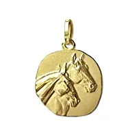 clever schmuck pendentif pour femme en forme de cheval en or 333 8 carats avec 2 têtes de cheval partiellement mates et l'autre cheval brillant en or 333 8 carats dans un étui sable, or jaune, sans