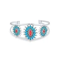 bling jewelry personnalisation bracelet manchette large pour femmes en argent sterling 925 avec fleur de courge orange rouge corail bleu turquoise gravure personnalisée