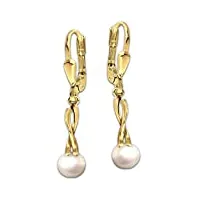 clever schmuck boucles d'oreilles pendantes en or pour femme - 32 mm de long - Élégantes et allongées - avec perle de culture d'eau douce - diamètre : 6,5 mm - blanc brillant - or 333 8 carats - dans