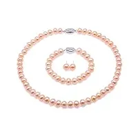 jyx - -collier perles de culture collier ensemble de perles eau douce - 9-10mm aa plat rond collier de perles de culture, bracelet et boucles d'oreilles ensemble - (rose)