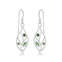 dtpsilver - boucles d'oreilles crochets pendantes en argent fin 925 - forme de "feuille ajourée" - vert Émeraude