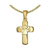 clever parure de bijoux avec pendentif croix dorée 15 mm brillant avec ange en croix pour enfant traditionnel satiné et chaîne large 40 cm brillant beige, or 333 8 carats pour enfant dans un étui