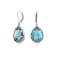 boucles d'oreilles pendantes en forme de goutte d'eau avec parchemins filigranés en larimar bleu clair pour femmes .925 argent sterling