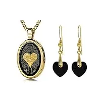 parure bijoux romantique plaqué or - pendentif avec je t'aime en 120 langues inscrit en or 24ct sur pierre onyx noire et boucles d'oreille coeur cristal swarovski, 45cm