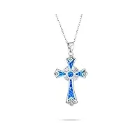 bling jewelry collier avec pendentif en forme de croix pour les femmes en argent sterling (925), pierre de style ancien, avec opale bleue créée et cz pour un cercle Éternel.