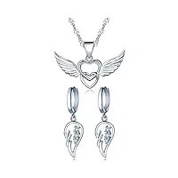 yumilok bijoux ensemble pour femme fille collier c?ur et boucle d'oreille en argent 925 orné zircon joli aile d'ange