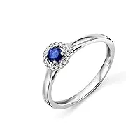 miore bijoux pour femmes bague de fiançailles avec pierre précieuse/pierre gemme saphir bleu entouré de 16 diamants brillants 0.05 ct bague en or blanc 9 carats / 375 or (52)