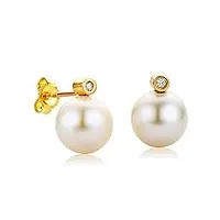orovi bijoux femme, boucles d'oreilles en or jaune avec diamants 0.02 ct et perles d'eau douce blanches, clou d'oreilles 18 kt / 750 or