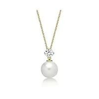 diamond treats collier pendentif perle en or 9 ct pour femme, collier perle avec une une perle de culture de 8 mm et une pierre en zircon, collier femme or avec une perle d'eau douce en 9 carats