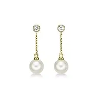 boucles d'oreilles pendantes perles d'eau douce rondes et blanches et zircons cubiques, or jaune de luxe 9 carats. simples pendants d'oreilles perles en or jaune. un très joli cadeau pour elle.