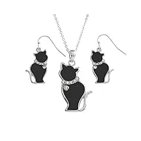 kiara jewellery - coffret parure « chat » avec pendentif incrusté d’émail noir sur chaîne à petits maillons de 45,7 cm et boucles d’oreilles assorties hypoallergéniques plaquées rhodium