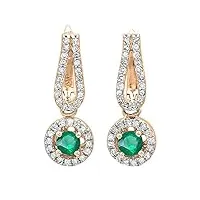 boucles d'oreilles femme/pendantes 14 ct or rose rond emeraude & blanc diamant halo style