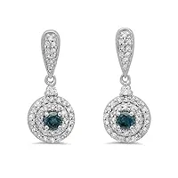 boucles d'oreilles femme/pendantes 0.50 ct 14 ct or blanc rond bleu & blanc diamant halo 1/2 ct