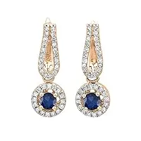 boucles d'oreilles femme/pendantes 14 ct or rose rond bleu saphir & blanc diamant halo style