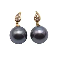 jyx or 14 k 11,5 mm rond noir perle de culture de tahiti boucles d'oreilles pendantes avec zircones pois