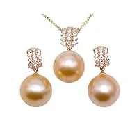 jyx pearl parure collier et boucles d'oreilles en or 14 carats de qualité aaa véritable 11,5 mm avec perles de culture de la mer du sud et boucles d'oreilles pendantes pour femme