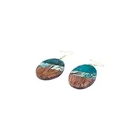 boucles d'oreilles faites à la main en bois naturel et résine de jade avec corail paua ronds - boucles d'oreilles vertes inspiration boho hippie