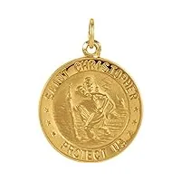 collier avec pendentif rond en or jaune 14 carats poli 18 mm médaille saint christophe bijoux cadeaux pour femme, métal, pierres à facettes