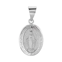 collier avec pendentif médaille miraculeuse ovale en or blanc 14 carats poli 15 x 11,5 mm, métal