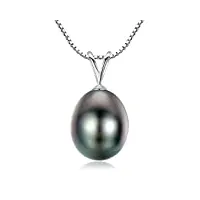viki lyn collier de perles noires de tahiti pour femmes pendentif de perles noires de culture de tahiti de 9-10 mm en forme de goutte avec chaîne en argent sterling 925（or blanc)