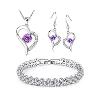 kim johanson parure de bijoux « lola » pour femme - en argent - collier avec pendentif et boucles d'oreilles en acier inoxydable - bracelet rhodié - orné de cristaux blancs et violets