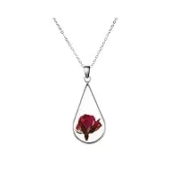 ailuor argent pressé rose fleur teardrop pendentif collier, réel creative naturel de fleurs séchées avec goutte de verre transparent collier de surface pour rose