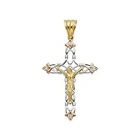 pendentif crucifix fantaisie en or jaune 14 carats et or rose avec zircone cubique 33 x 48 mm