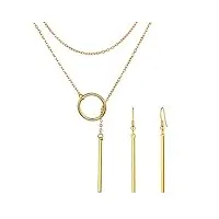 focalook parure femme plaqué or collier lasso pendentif barre avec chaîne longue fine 73cm + pendantes d'oreilles bijou pour robe pull col en v