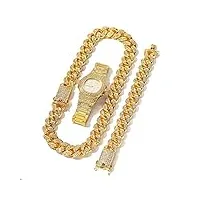 moca jewelry parure de bijoux hip hop avec collier, bracelet et montre entièrement pavés de strass, chaîne à maillons cubains de 20 mm de large, cadeau pour homme et femme, métal, diamant