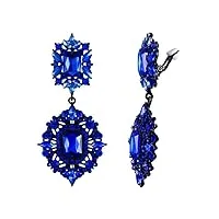 ever faith boucles d'oreilles clip pendant femme cristal carré double pendentif feuille strass cadeau bleu