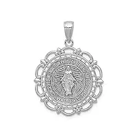 collier avec pendentif médaille miraculeuse en or blanc 14 carats avec cadre festonné, mesure 31 x 23 mm de large, bijoux cadeaux pour femme, métal, pierres à facettes